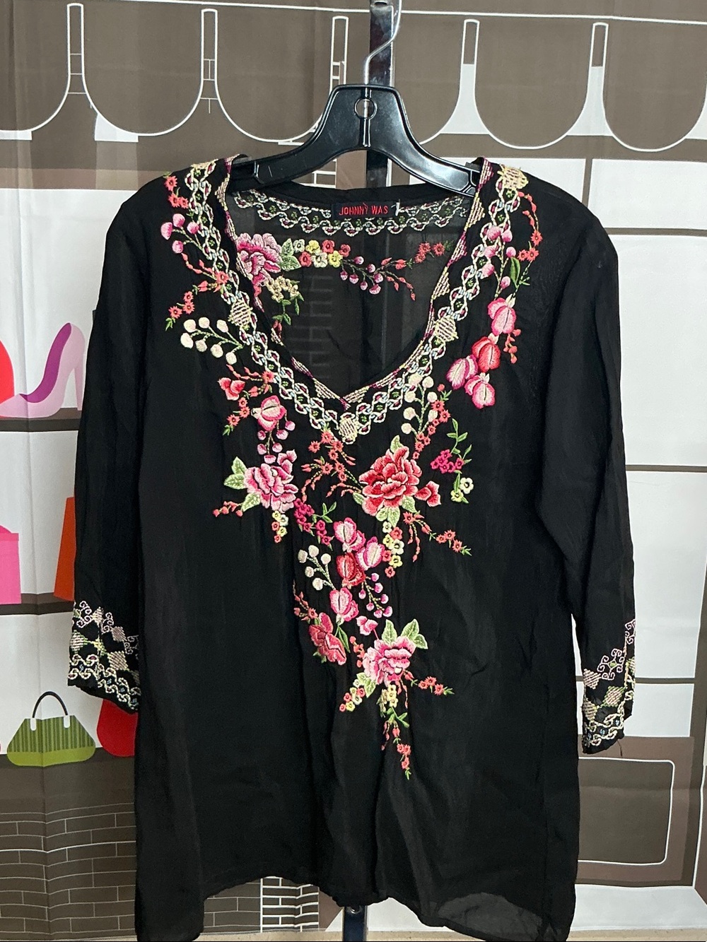 Johnny Was Black Tunic with Pink & Green Floral Embroidery Accents